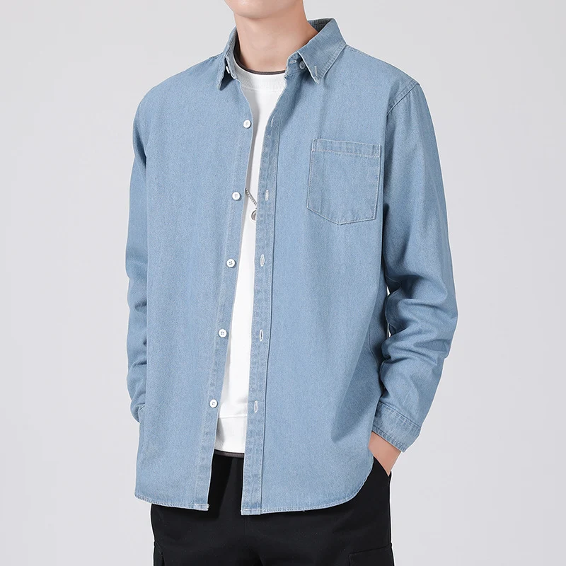 Herren Leichtes Baumwoll-Denim-Hemd mit Brusttasche und Relaxed-Fit Drune