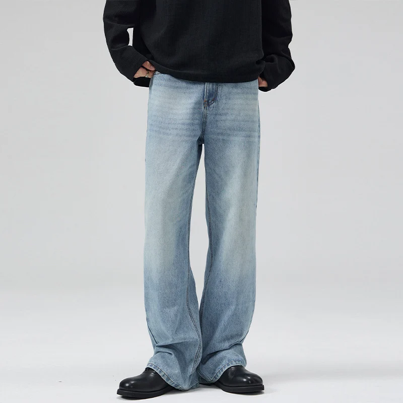 Herren Leicht verwaschene Ultraweite Denim-Marlenehose mit bodenlangem Saum Drune