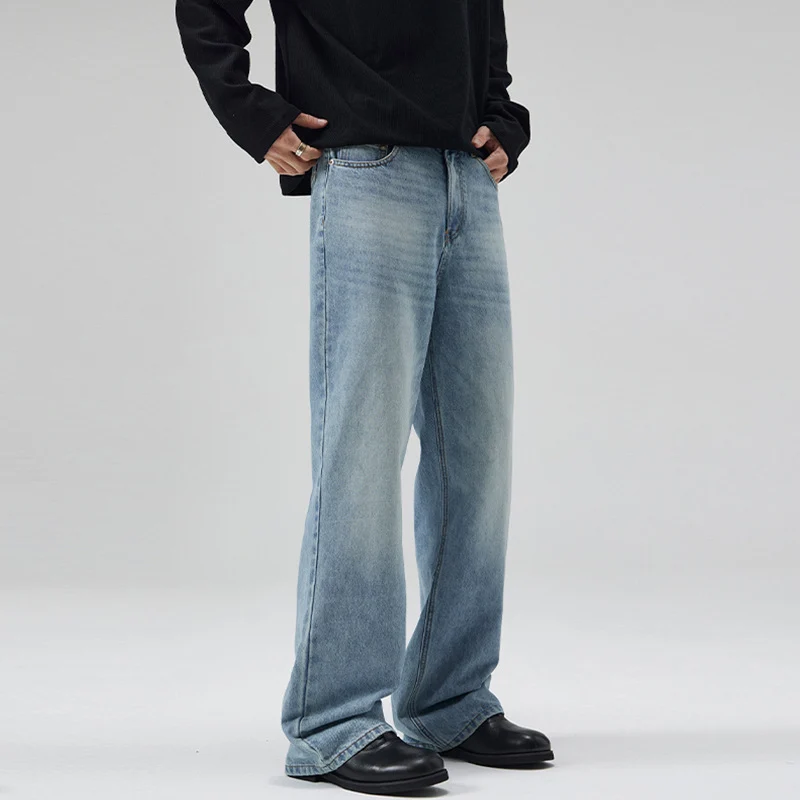 Herren Leicht verwaschene Ultraweite Denim-Marlenehose mit bodenlangem Saum Drune
