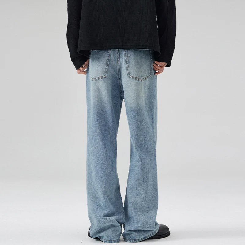 Herren Leicht verwaschene Ultraweite Denim-Marlenehose mit bodenlangem Saum Drune