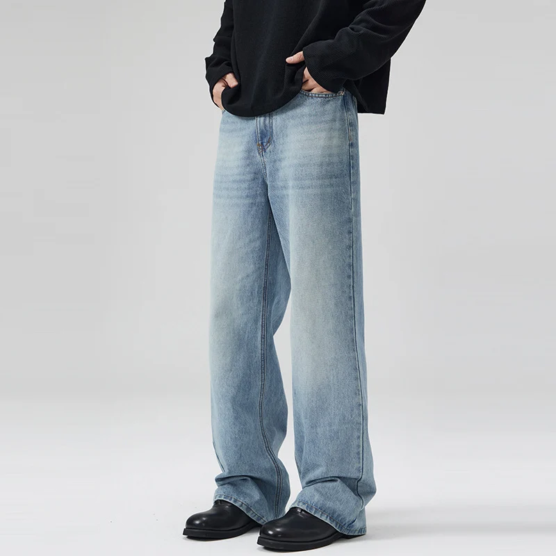 Herren Leicht verwaschene Ultraweite Denim-Marlenehose mit bodenlangem Saum Drune