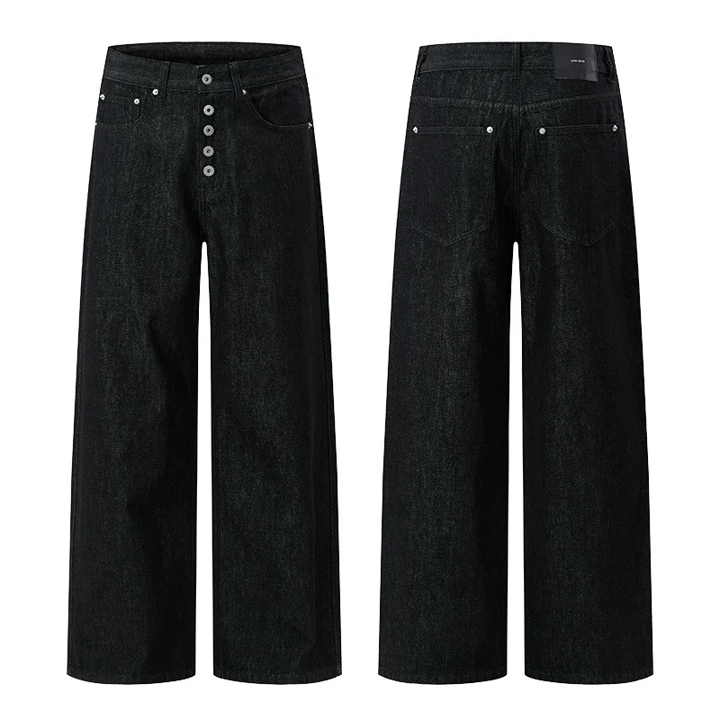 Herren Hochtaillierte weite Denim-Hose mit sichtbarer Knopfleiste und extra langem Saum Drune