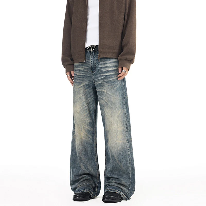 Herren Extremweite Vintage-Denim Baggy-Jeans mit tiefem Schritt und extra langer Saumlänge Drune
