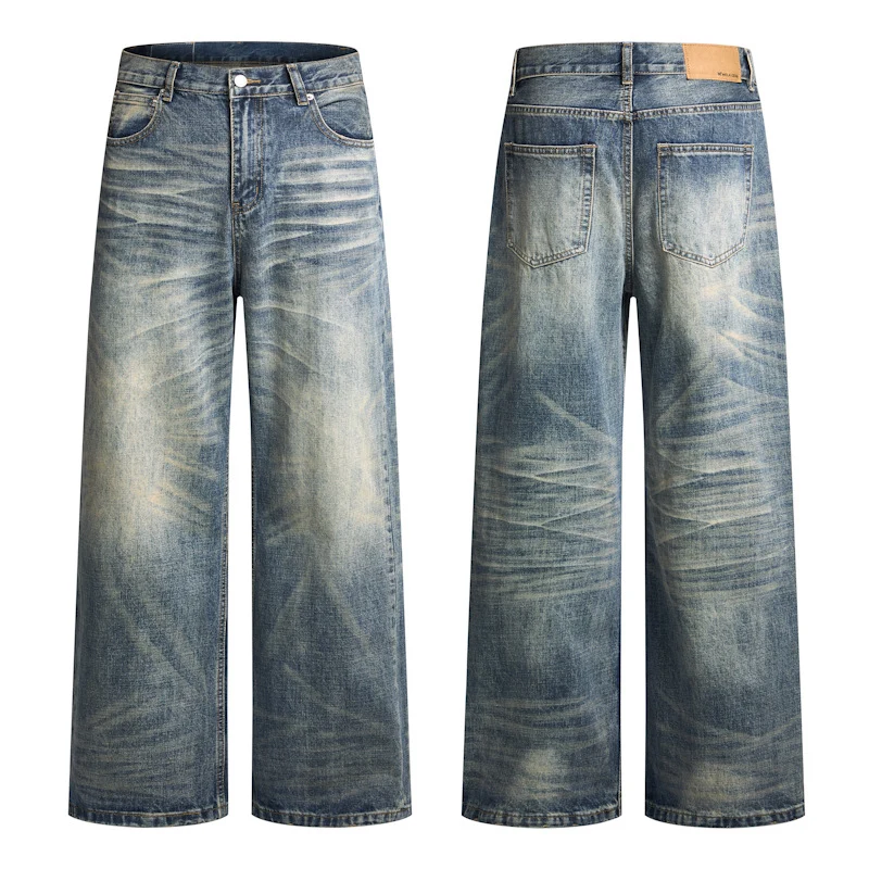 Herren Extremweite Vintage-Denim Baggy-Jeans mit tiefem Schritt und extra langer Saumlänge Drune