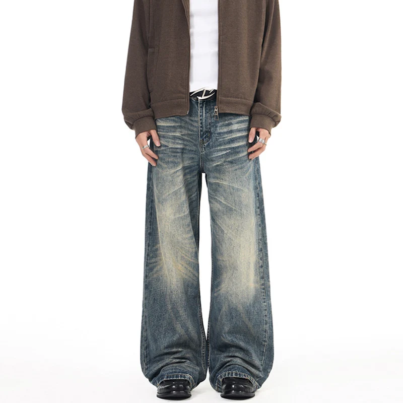 Herren Extremweite Vintage-Denim Baggy-Jeans mit tiefem Schritt und extra langer Saumlänge Drune