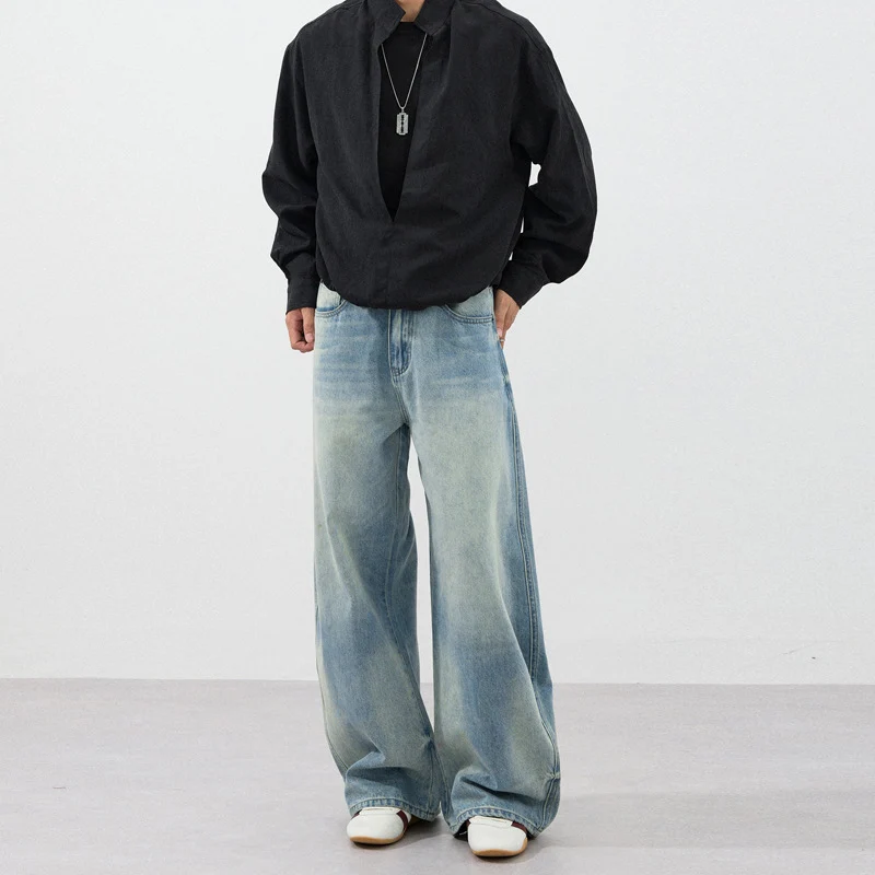 Herren Extraweite Zweiton-Denim-Palazzohose mit Block-Panelen und tiefem Schritt Drune