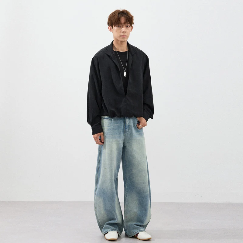 Herren Extraweite Zweiton-Denim-Palazzohose mit Block-Panelen und tiefem Schritt Drune