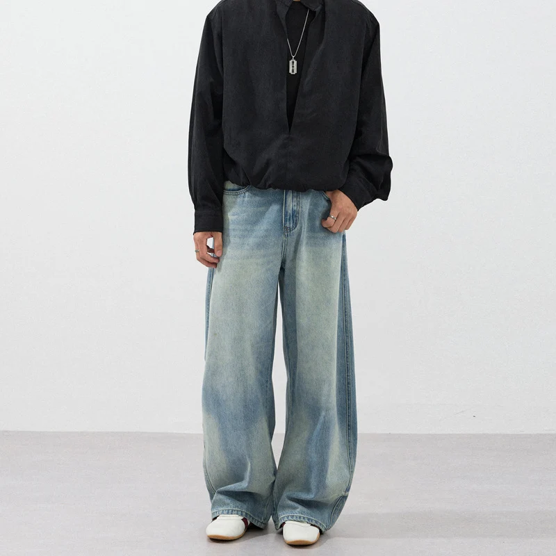 Herren Extraweite Zweiton-Denim-Palazzohose mit Block-Panelen und tiefem Schritt Drune