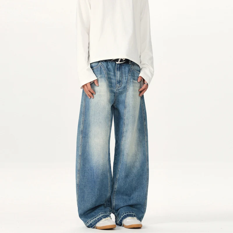 Herren Extraweite Vintage-Denim-Jeans mit Palazzoschnitt und vertikaler Nahtführung Drune