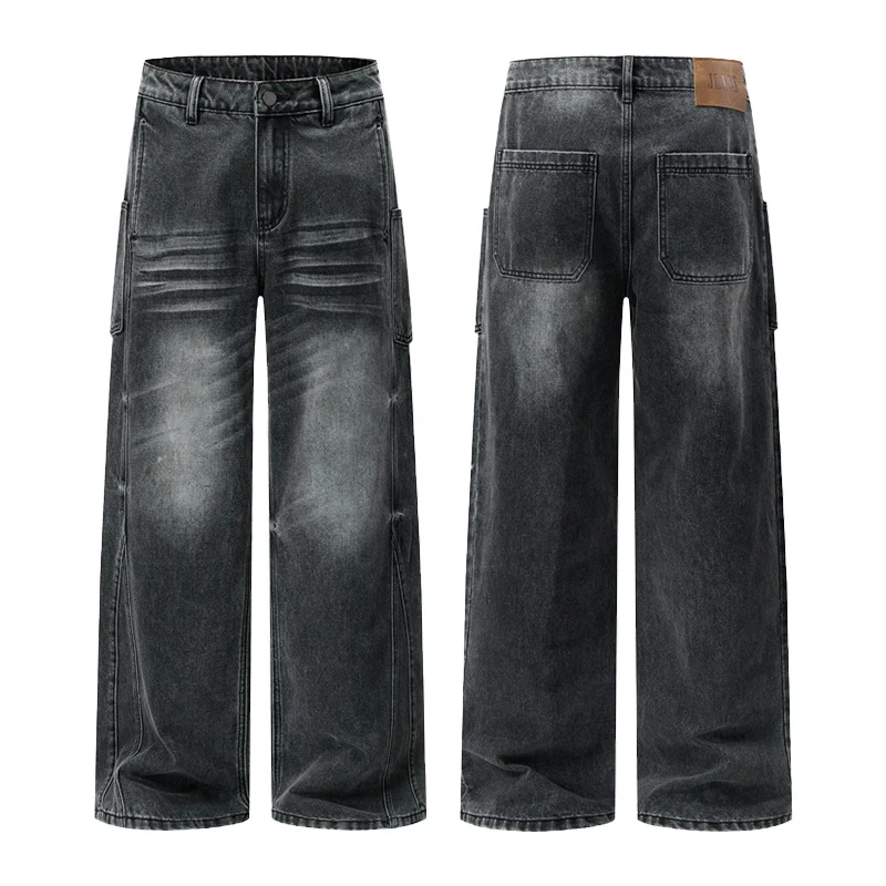 Herren Extraweite Skulpturale Denim‑Palazzohose mit Kniefalten und Teilungsnähten Drune
