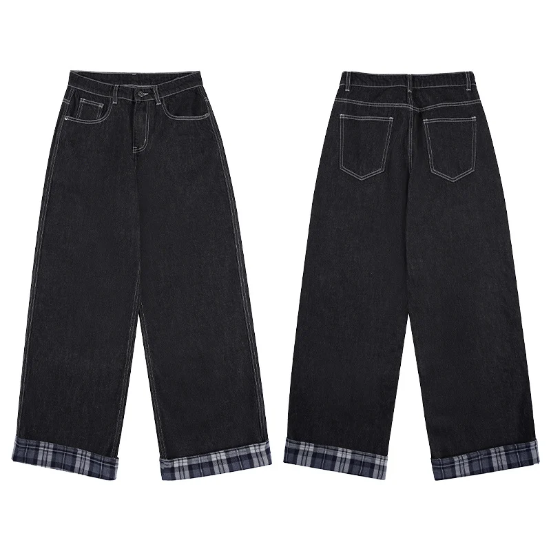 Herren Extraweite Denim-Palazzo-Jeans mit umgeschlagenem Karobündchen und sichtbarer Nahtführung Drune