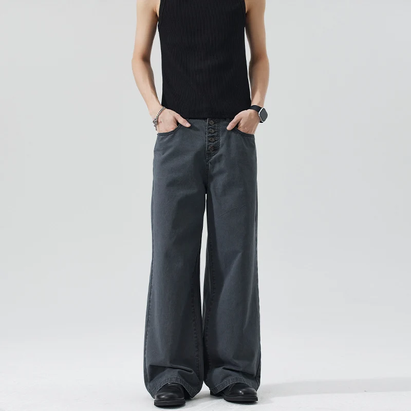 Herren Extraweite Denim-Hose mit sichtbarer Knopfleiste und bodenlangem Palazzoschnitt Drune