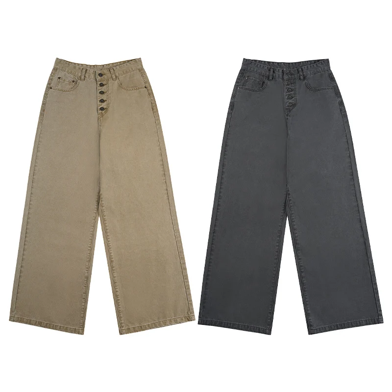 Herren Extraweite Denim-Hose mit sichtbarer Knopfleiste und bodenlangem Palazzoschnitt Drune