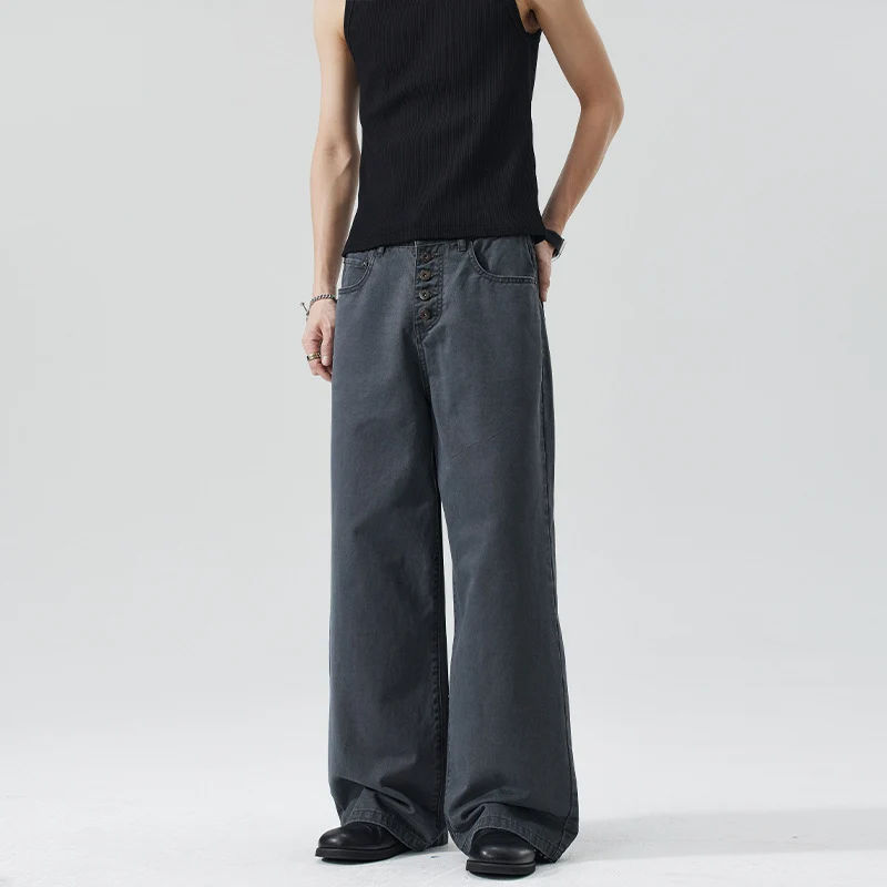 Herren Extraweite Denim-Hose mit sichtbarer Knopfleiste und bodenlangem Palazzoschnitt Drune