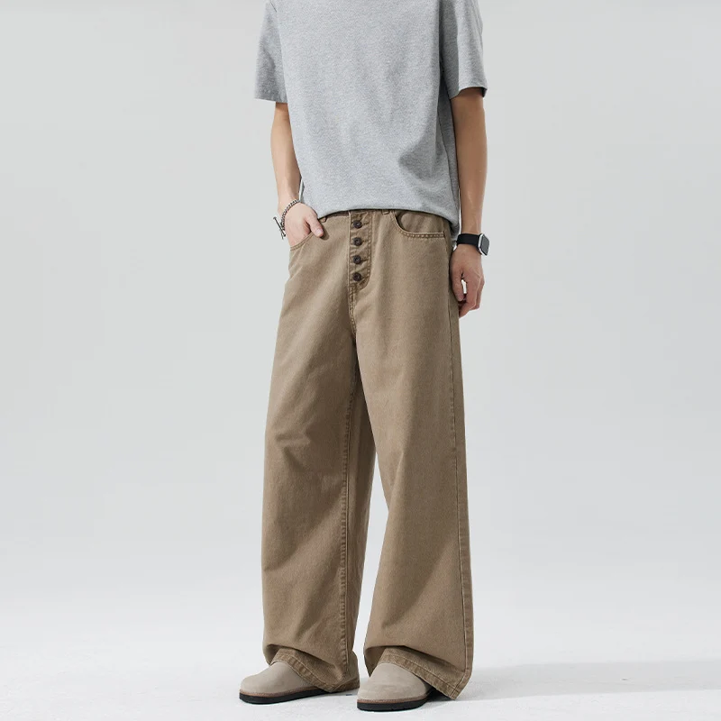 Herren Extraweite Denim-Hose mit sichtbarer Knopfleiste und bodenlangem Palazzoschnitt Drune