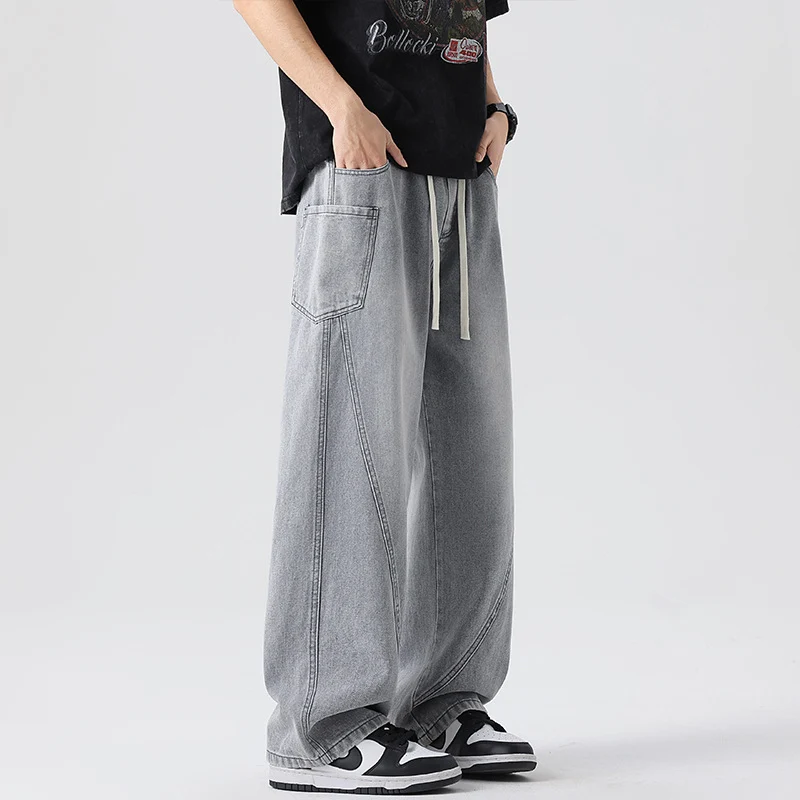 Herren Extraweite Denim-Baggyhose mit Tunnelzugbund und Paneelnähten Drune