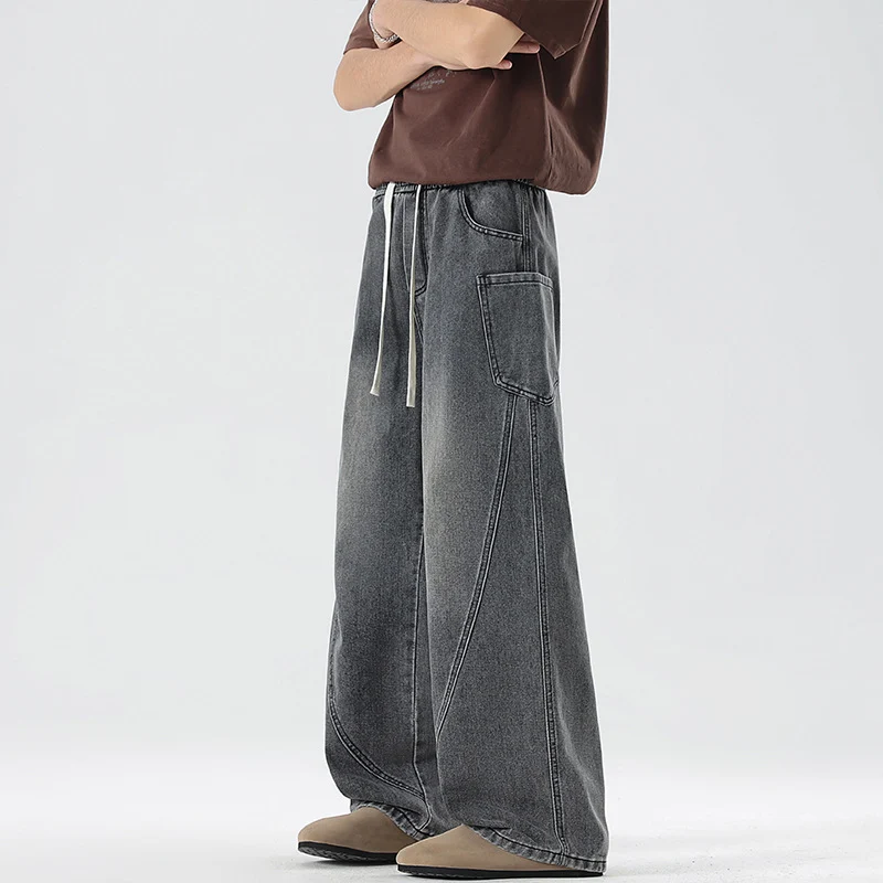 Herren Extraweite Denim-Baggyhose mit Tunnelzugbund und Paneelnähten Drune