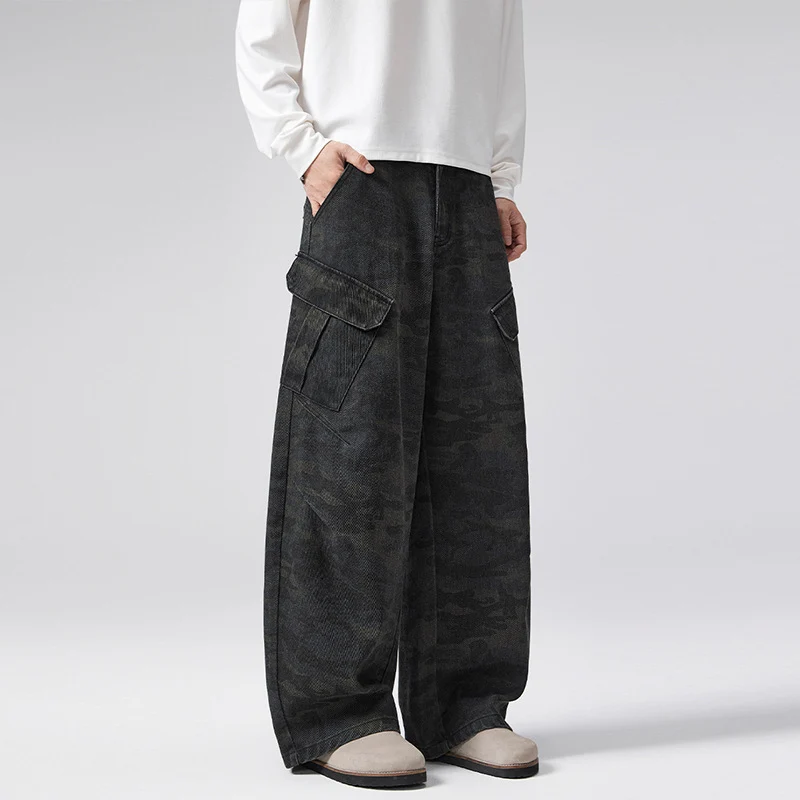 Herren Extraweite Cargohose im Palazzoschnitt aus schwerem Camouflage-Denim Drune