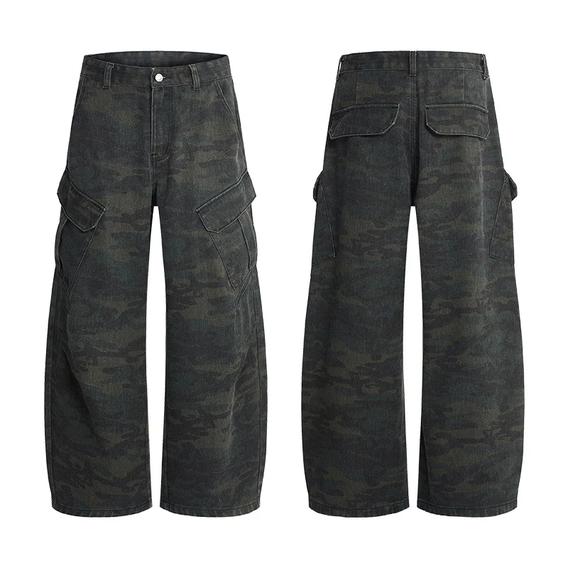Herren Extraweite Cargohose im Palazzoschnitt aus schwerem Camouflage-Denim Drune