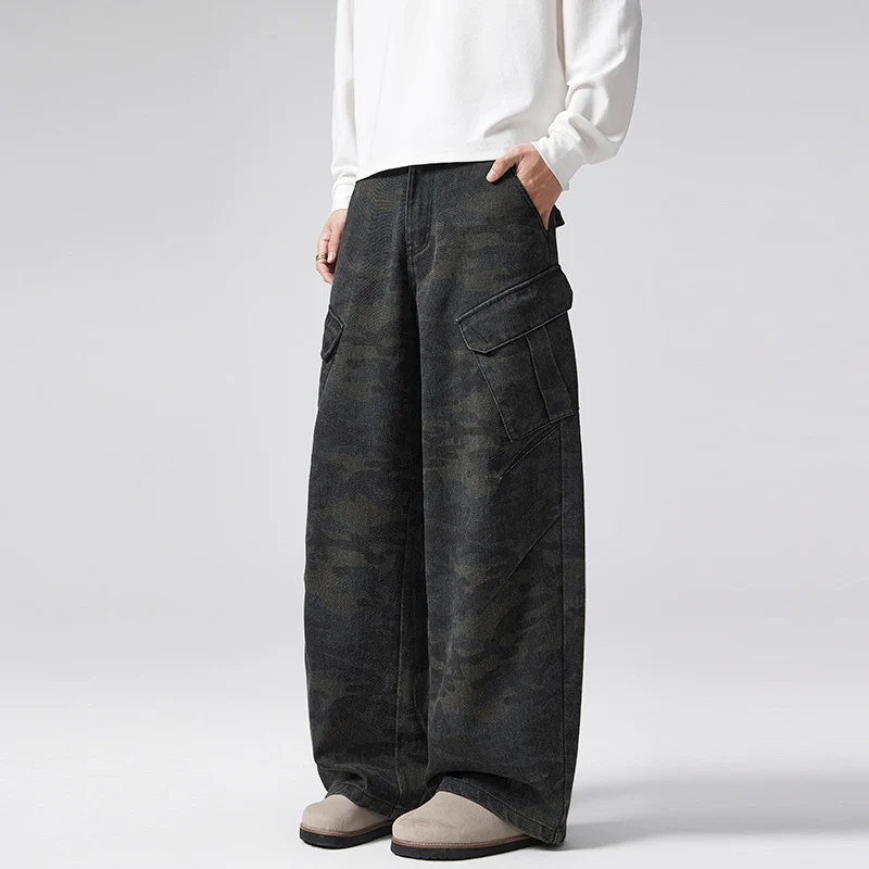 Herren Extraweite Cargohose im Palazzoschnitt aus schwerem Camouflage-Denim Drune