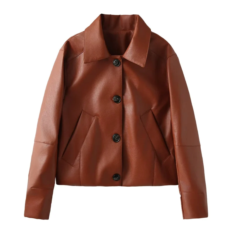 Damen Kurzjacke im Hemdstil aus veganer Glattleder-Optik mit markanten Schrägtaschen Drune