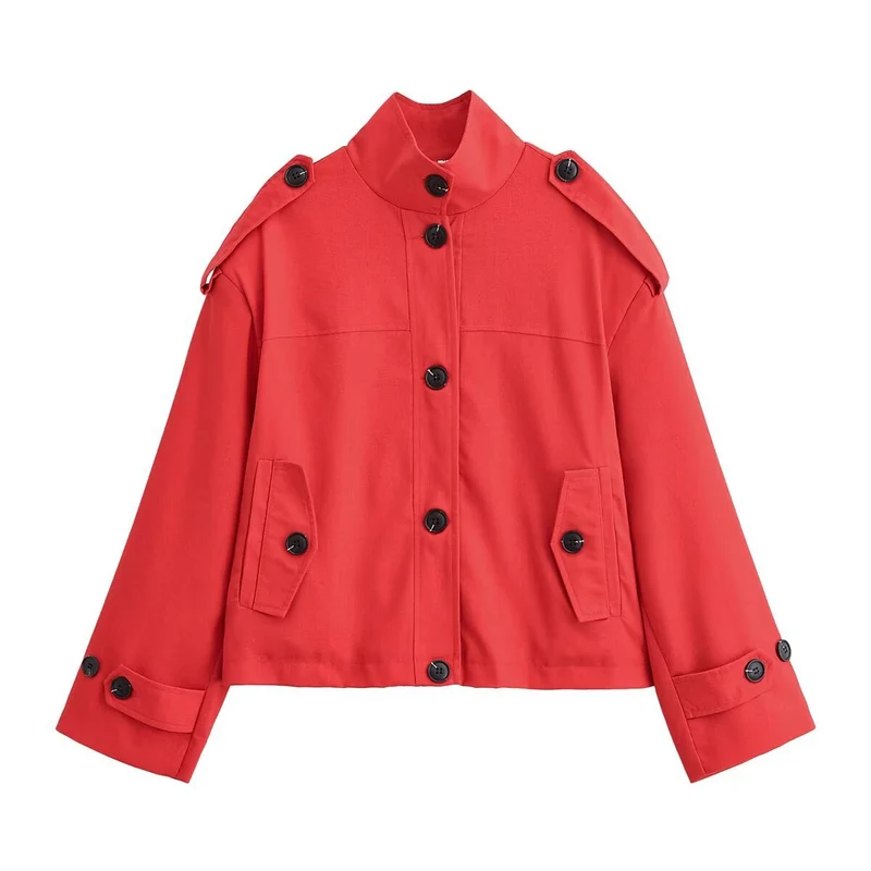 Damen Kurzjacke im Boxy‑Workerstil mit Stehkragen, Schulterriegeln und aufgesetzten Pattentaschen Drune