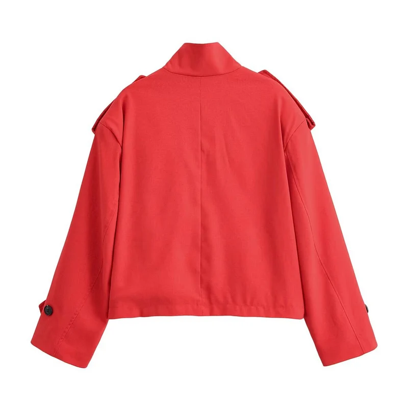 Damen Kurzjacke im Boxy‑Workerstil mit Stehkragen, Schulterriegeln und aufgesetzten Pattentaschen Drune