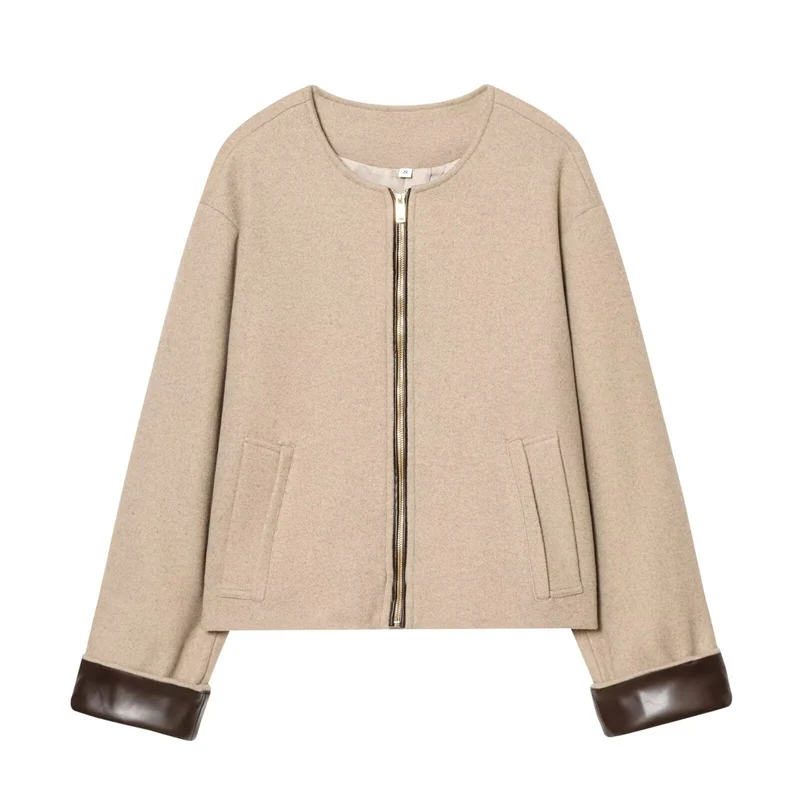 Damen Kurzjacke im Boxy‑Cropped‑Wollmix mit sichtbarem Metallreißverschluss und Kontrastmanschetten Drune