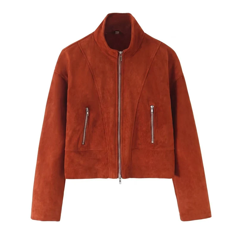 Damen Kurzjacke im Boxy-Cropped-Schnitt aus Velourslederoptik mit Stehkragen und Metallreißverschlüssen Drune