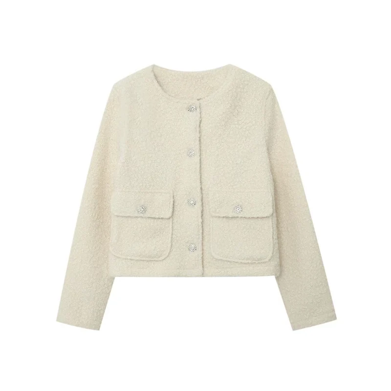 Damen Kurzjacke im Bouclé‑Tweed‑Look mit Rundhalsausschnitt und Kristall‑Zierknöpfen Drune
