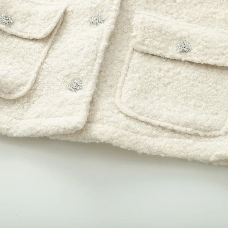 Damen Kurzjacke im Bouclé‑Tweed‑Look mit Rundhalsausschnitt und Kristall‑Zierknöpfen Drune