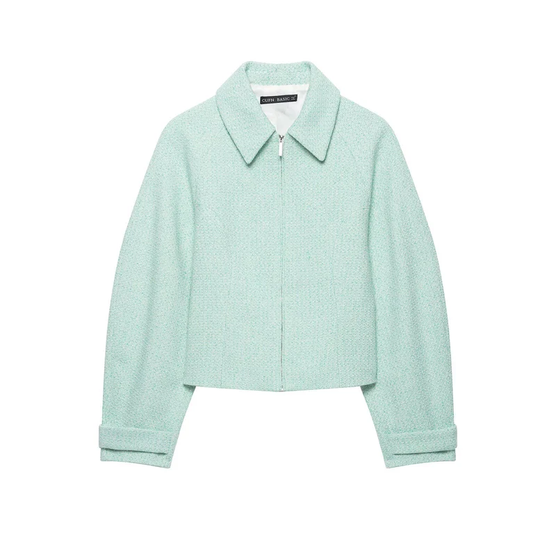 Damen Kurzjacke im Bouclé‑Mix mit verdecktem Reißverschluss und Hemdkragen Drune