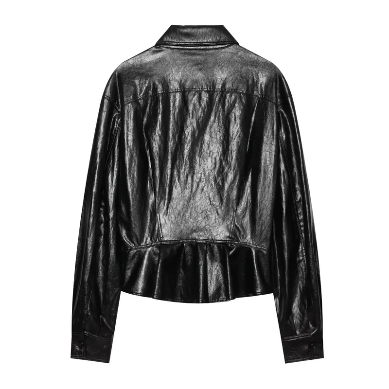 Damen Kurzjacke im Blusenstil aus veganer Lederoptik mit Brustklappen und tailliertem Saum Drune