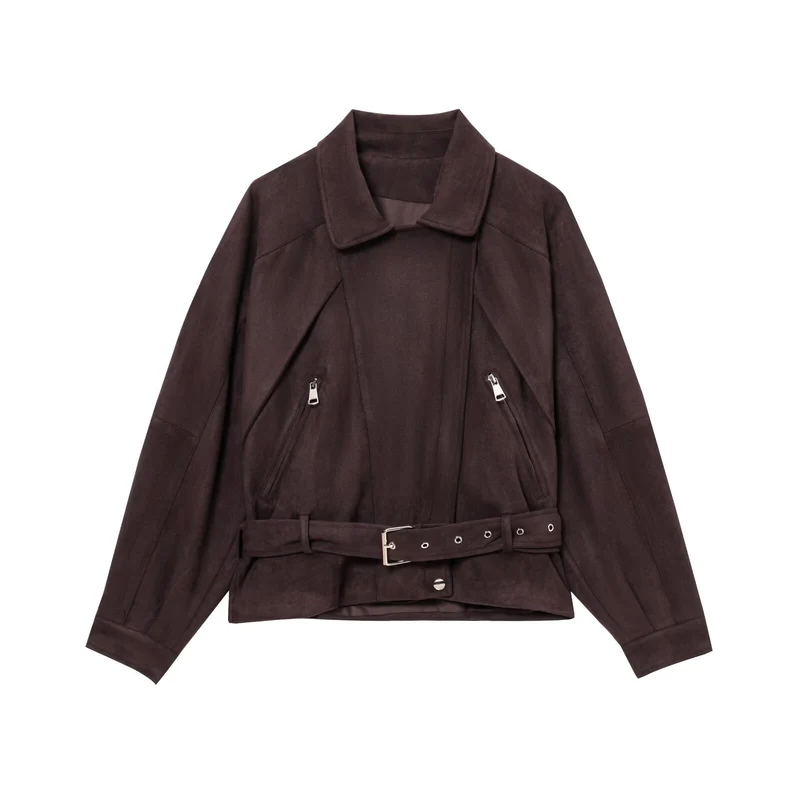 Damen Kurzjacke im Bikerstil aus Velourslederoptik mit Taillengürtel Drune