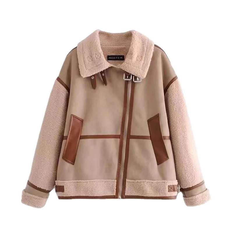 Damen Kurzjacke im Aviator-Look mit Teddyfutter, Kunstlederbesatz und asymmetrischem Reißverschluss Drune