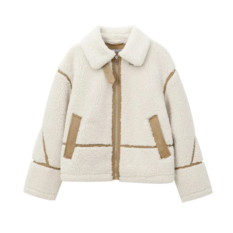 Damen Kurzjacke im Aviator-Look mit Teddyfutter, Kunstlederbesatz und asymmetrischem Reißverschluss Drune