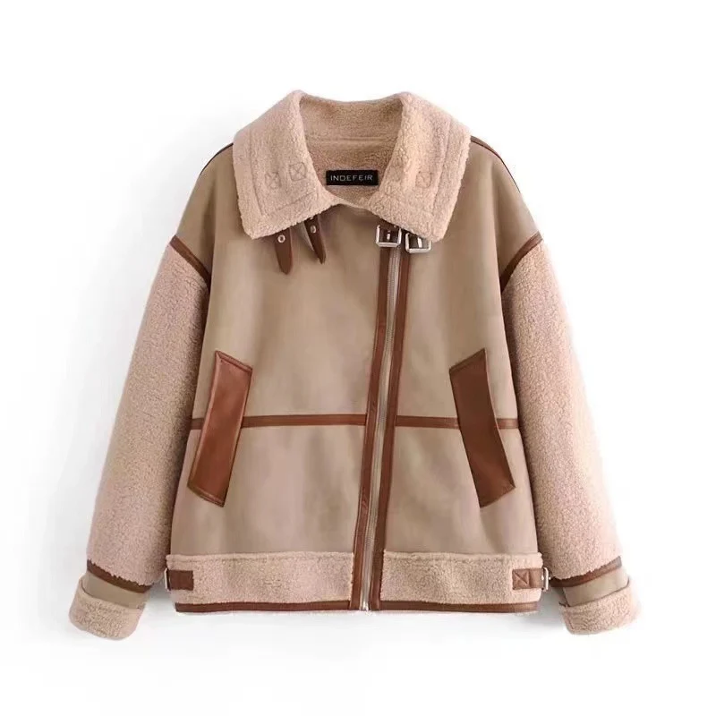 Damen Kurzjacke im Aviator-Look mit Teddyfutter, Kunstlederbesatz und asymmetrischem Reißverschluss Drune