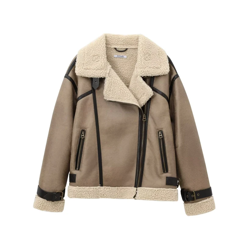Damen Kurzjacke im Aviator-Look mit Teddyfutter, Kunstlederbesatz und asymmetrischem Reißverschluss Drune
