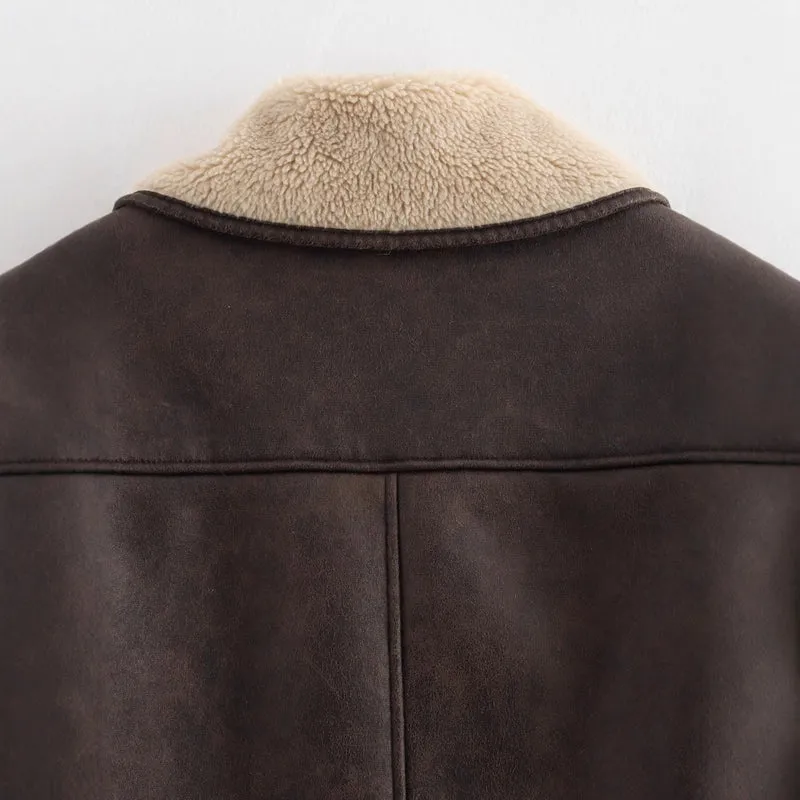 Damen Kurzjacke im Aviator‑Look aus Lederoptik mit Teddyfutter und aufgesetzten Taschen Drune