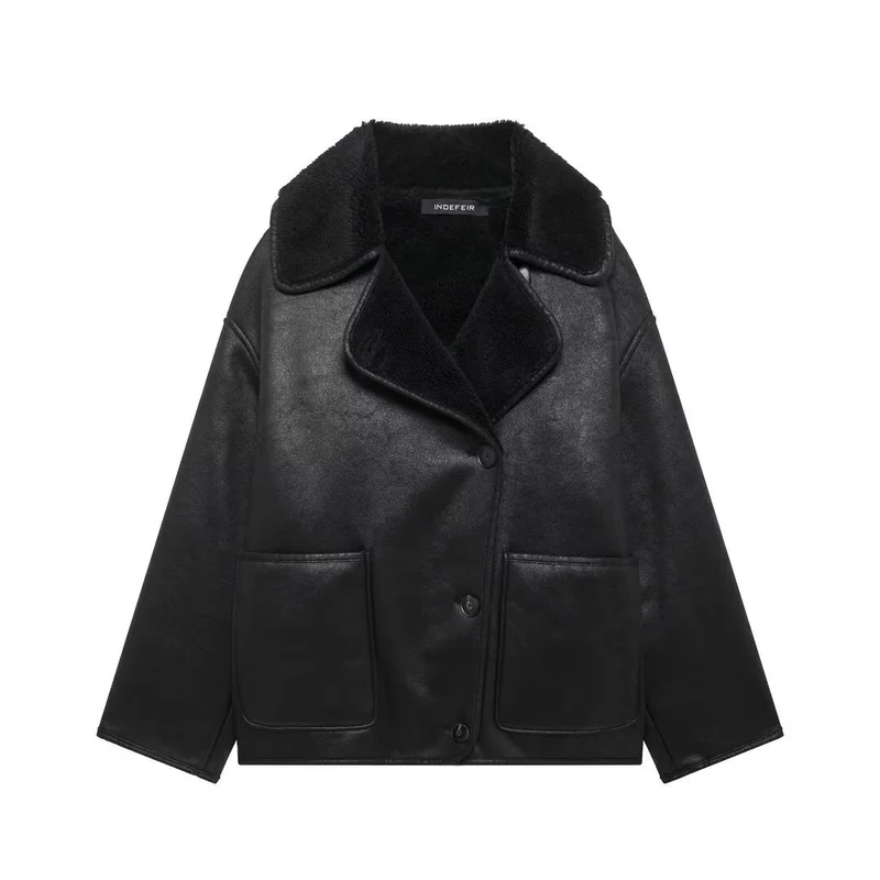 Damen Kurzjacke im Aviator‑Look aus Lederoptik mit Teddyfutter und aufgesetzten Taschen Drune