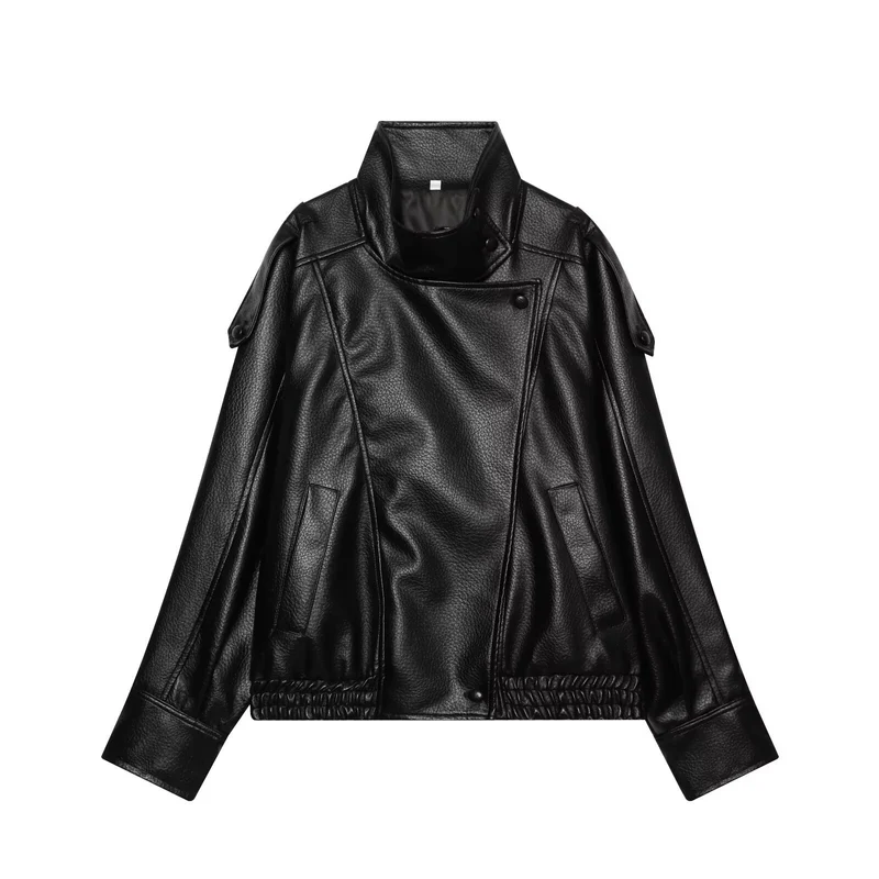 Damen Kurzjacke im asymmetrischen Biker‑Trenchstil aus veganer Lederoptik mit hohem Stehkragen Drune