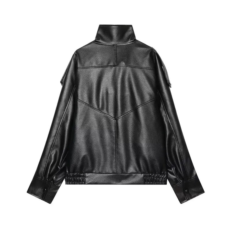 Damen Kurzjacke im asymmetrischen Biker‑Trenchstil aus veganer Lederoptik mit hohem Stehkragen Drune