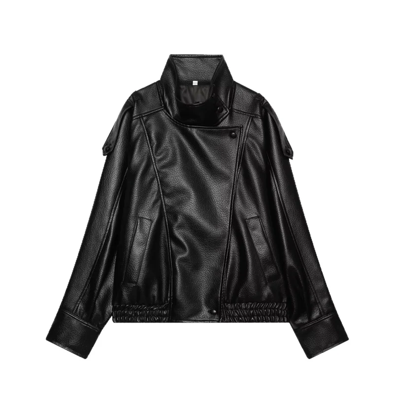 Damen Kurzjacke im asymmetrischen Biker‑Trenchstil aus veganer Lederoptik mit hohem Stehkragen Drune