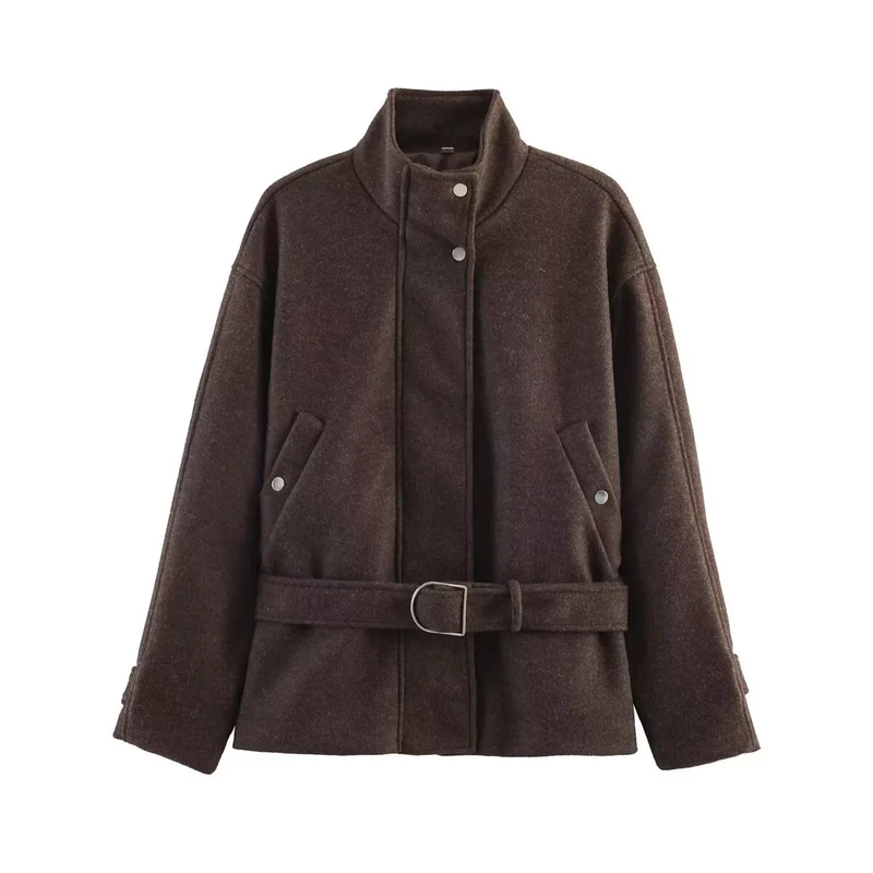 Damen Kurzjacke aus Wollmix mit Taillengürtel und Stehkragen Drune