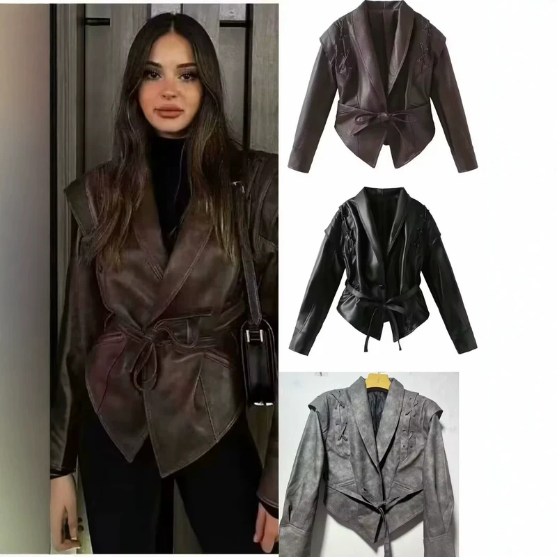 Damen Kurzjacke aus Wildlederimitat mit Wickelgürtel und Schnürdetails Drune
