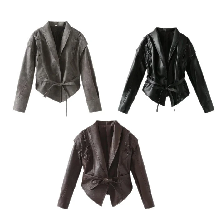 Damen Kurzjacke aus Wildlederimitat mit Wickelgürtel und Schnürdetails Drune