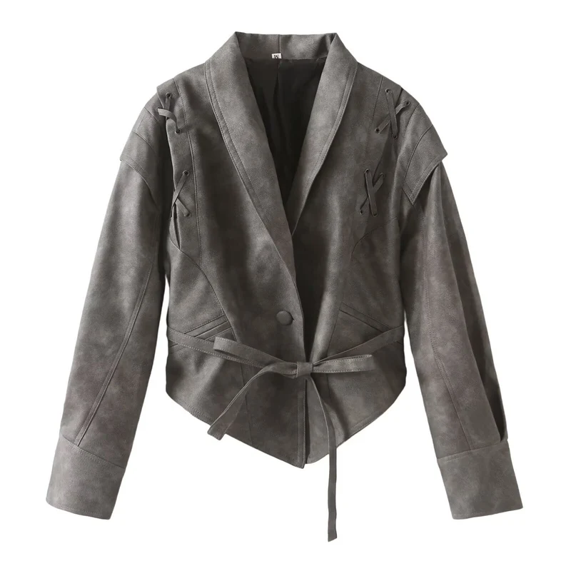 Damen Kurzjacke aus Wildlederimitat mit Wickelgürtel und Schnürdetails Drune