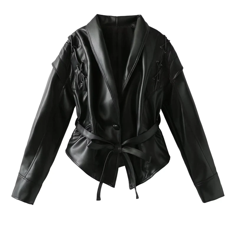 Damen Kurzjacke aus Wildlederimitat mit Wickelgürtel und Schnürdetails Drune