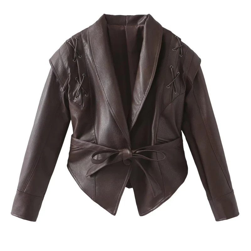 Damen Kurzjacke aus Wildlederimitat mit Wickelgürtel und Schnürdetails Drune