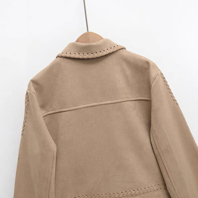 Damen Kurzjacke aus Veloursimitat mit Ziernaht‑Schnürung Drune